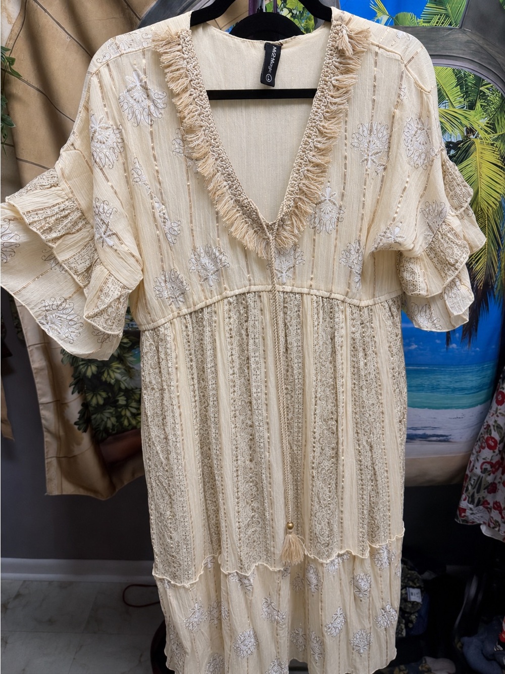 Me 2 Magic by Anthropologie Metallic Lurex Gold Boho Maxi Dress NWOT Size Large - Picture 4 of 8
